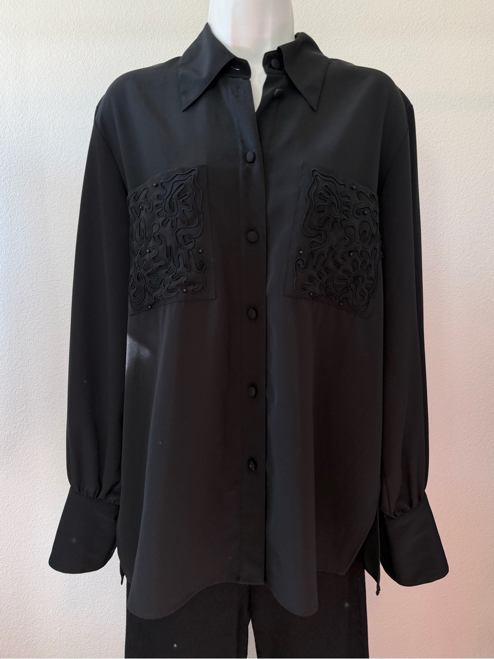 Chaus Beaded Embroidered Button Front Shirt Black Size 10